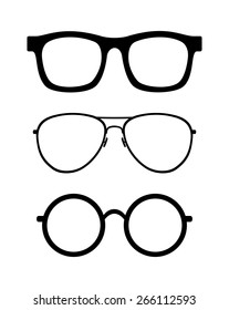 Set of retro classic glasses. round, wayfarer and aviator style black frame collection, silhouette design, front view, vector art image illustration, isolated on white background, eps10