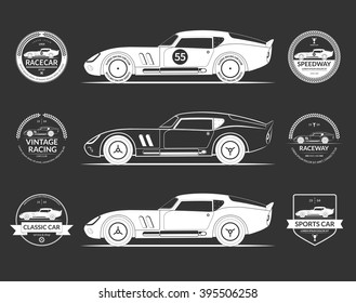 Set of retro classic sports racing car silhouettes and vintage car service labels, emblems, logos, badges isolated on dark background. Vector illustration