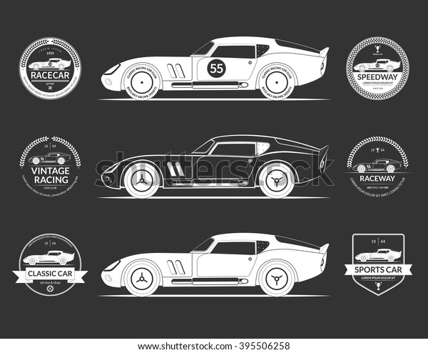 Set of retro classic sports racing\
car silhouettes and vintage car service labels, emblems, logos,\
badges isolated on dark background. Vector\
illustration