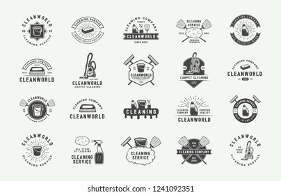 Set of retro cleaning logo badges, emblems and labels in vintage style. Monochrome Graphic Art. Vector Illustration.
