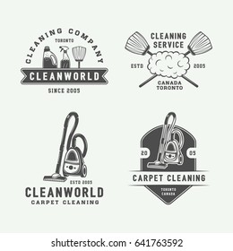 Set of retro cleaning logo badges, emblems and labels in vintage style. Monochrome Graphic Art. Vector Illustration.

