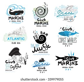 Set of retro clubs and bars logo and emblems. Design elements and icons to the theme of the sea and music. Music logo. The music icons. Sea, ocean icons and elements.