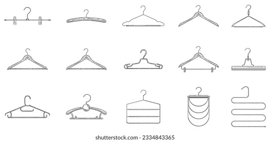 Set of retro coat hanger in vintage engraved style. Wooden, plastic and metal sketch of coat hangers collection. Front view. Vector illustration