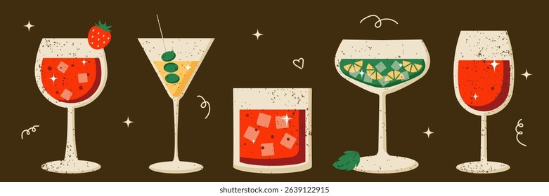 Set of retro cocktails in different shapes glasses. Minimalist contemporary vertical design. Flat vector illustration on dark background