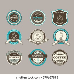 Set of retro coffee house badges, labels, logo design templates with cafe cup and bean 