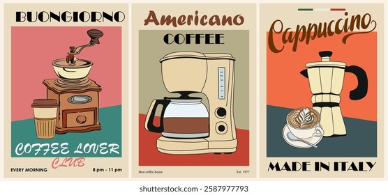 Set of Retro coffee posters with coffee machine? coffee grinder, coffee pot and cup. Colorful flat vector illustrations