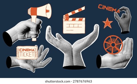 Set of retro collage cinema objects.  Vector illustration of hand drawn clapperboard, megaphone, movie ticket and film reel.  Halftone hands in vintage style.