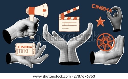 Set of retro collage cinema objects.  Vector illustration of hand drawn clapperboard, megaphone, movie ticket and film reel.  Halftone hands in vintage style.