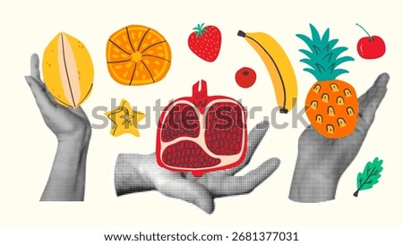 Set of retro collage elements with colorful fruits. Halftone hands in vintage style. 