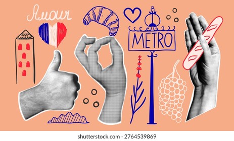 Set of retro collage elements with french culture elements, baguette, croissant, metro sign, flag, heart and lavender. Halftone hands in vintage style.