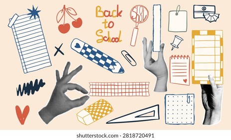 Set of retro collage elements with halftone hands and school supplies, washi tape, paper notes, pencil, ruler and eraser