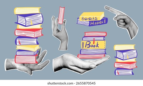 Conjunto de elementos de colagem retro com vários livros. Mãos de meio-tom em estilo vintage.
