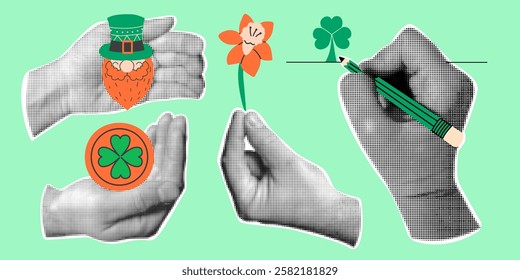 Set of retro collage St. Patrick's Day elements with leprechaun, clover. Halftone hands in vintage style.	
