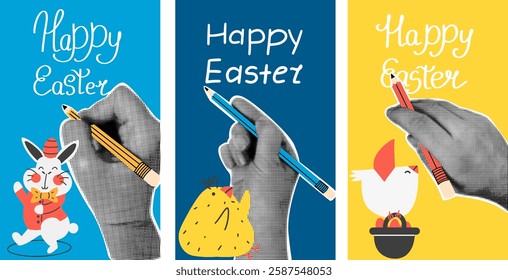 Set of retro collage template with funny characters. Easter bunny, chick and bird with halftone hands. Greeting posters