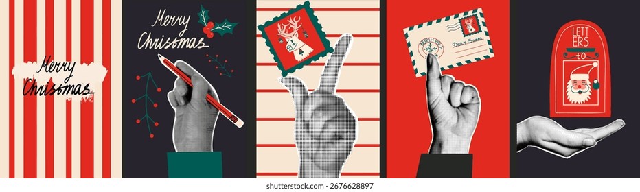 Conjunto de cartazes verticais de colagem retro com selo de Natal, envelope, Caixa de Correio, Santa Claus mail. Mãos de meio-tom em estilo vintage.	