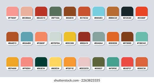 Set Of Retro Color Palette Catalog Sample With RGB HEX Codes Isolated In Seperate Groups For Ui Design, Fashion, Interior And Website Designing. Vector Graphics.