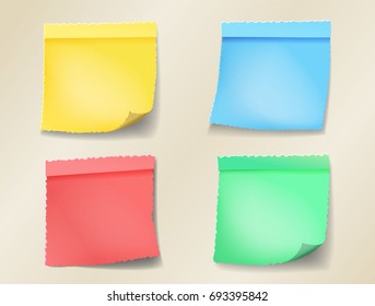 Set of retro color sheets of note papers. Post paper cut design,  Four sticky notes. Vector illustration