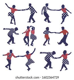 Set retro colored dancing people in a retro swing isolated. People in 40s or 50s style dancing rockabilly,charleston,jazz,lindy hop or boogie woogie.Vector stock human vintage illustration.Retro jazz.