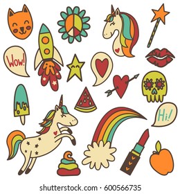 Set of retro colored funny stickers. Hand drawn vector illustration.