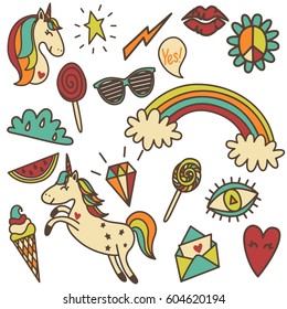 Set of retro colored funny stickers. Hand drawn vector illustration.