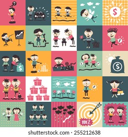 Set of retro colored icons with people at the background of colored squares
