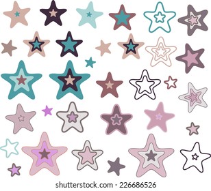Set of retro colored stars with rounded corners and with a different design - the contours, silhouettes and compound shapes
