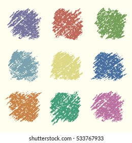 Set of retro colored wax crayon square design elements. Pastel chalks hand drawing vector background. Kids hand painting pencil texture.