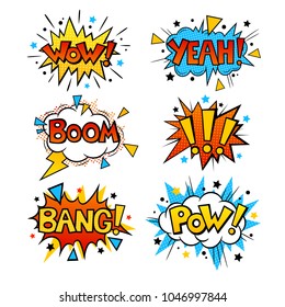 Set Of Retro Colorful Comic Speech Bubbles Set With Halftone Shadows. BANG, WOW, YEAH, BOOM, POW