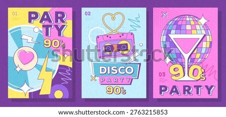 Set of retro colorful disco party posters, covers or banners of 80s-90s. Disco background. Flat design. Vector illustration