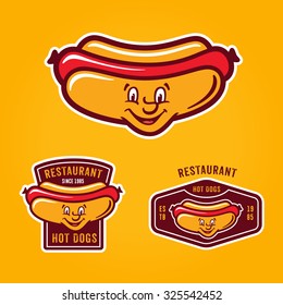 Set of retro colorful hotdog badges, labels, logos and design elements. Vector illustration of happy funny jolly hotdog with human face