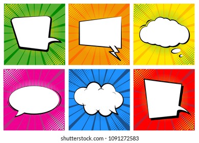 Set of retro comic books. Cartoon empty speech bubbles. Colorful pop art style background frames. Vector illustration