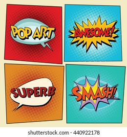 Set of retro comic bubbles pop art phrases vector. Pop art. Awesome. Superb. Smash