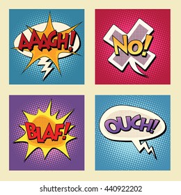 Set of retro comic bubbles pop art phrases vector. Aaagh No Blaf Ouch