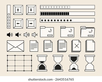 Set of retro computer interface design elements, buttons, documents and folders symbols, interfaces and loading bars in 2000s aesthetics. Vector illustration and graphic design elements.