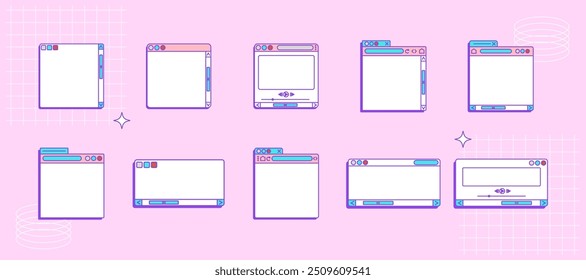 Conjunto de ventana de ordenador retro ui ux. Ilustración vectorial.