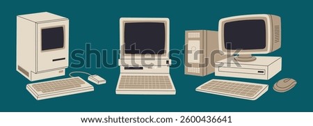 Set of retro computers. Vintage electronic equipment with monitor and keyboard. Hand drawn vector illustration isolated on blue background, flat cartoon style.