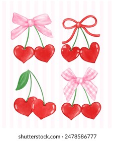 set of Retro Coquette Red Heart cherries with pink ribbon bow, aesthetic watercolor hand drawing collection