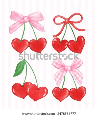 set of Retro Coquette Red Heart cherries with pink ribbon bow, aesthetic watercolor hand drawing collection