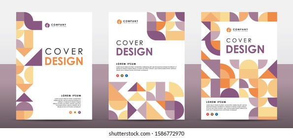 Set of retro cover design template. Purple and orange color shape.