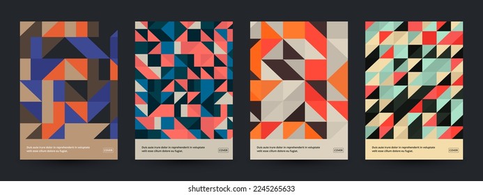 Set of retro cover templates with seamless geometric pattern. Colorful mosaic design.