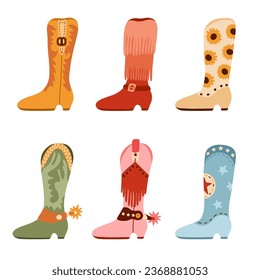 Set of retro cowgirl boots with traditional pattern, fringe, spur. Vector boots in cowboy and western style. Simple funny shoes of Wild West with ornament for postcard, print, cowboy party design.