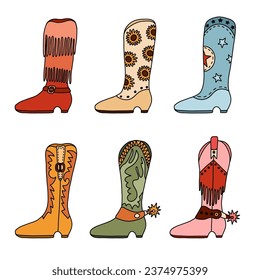 Set of retro cowgirl boots with traditional pattern, fringe, spur. Colorful Vector boots with hand drawn outline in cowboy and western style. Simple funny shoes of Wild West with ornament.