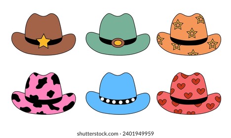 Set of retro Cowgirl hats different design. Cowboy western and wild west theme. Hand drawn isolated vector flat illustration.