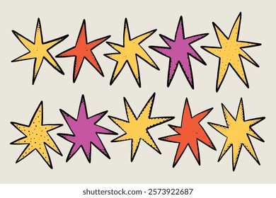 Set Retro Crayon Star Shape. Decorative Starburst Sketch Colorful Symbol. Stylized Whimsical Vector Sparkle Element Decor 