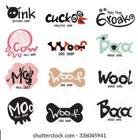 Set retro creative logo and labels for stores in the form of amusing animals. Design elements and labels in the form of cartoon animals: cow, dog, sheep, frog, cuckoo, pig.