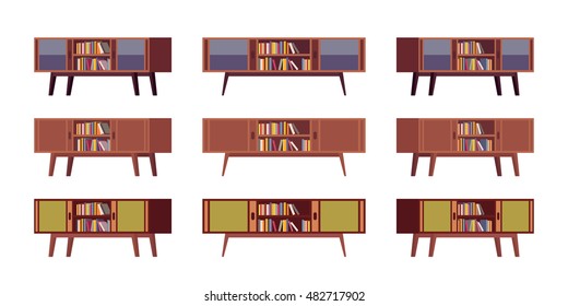 Set of retro credenzas with bookshelves isolated against white background. Cartoon vector flat-style illustration