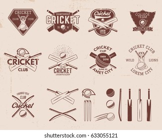 Set of retro cricket sports template logo designs. Use as icons, badges, label, emblems or print. Vector illustration sport championship. Isolated on scratched background. Stock illustration.