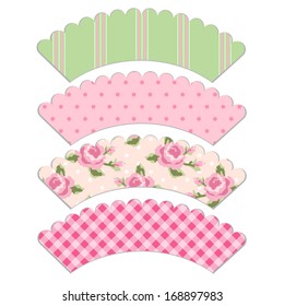 Set of retro cupcake wrapper templates in shabby chic style isolated on white background