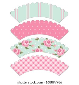 Set Of Retro Cupcake Wrapper Templates In Shabby Chic Style Isolated On White Background