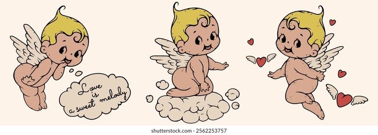 Set of retro cupid with wings, cloud and hearts illustration. Hand drawn line art vintage element for card, poster, design.